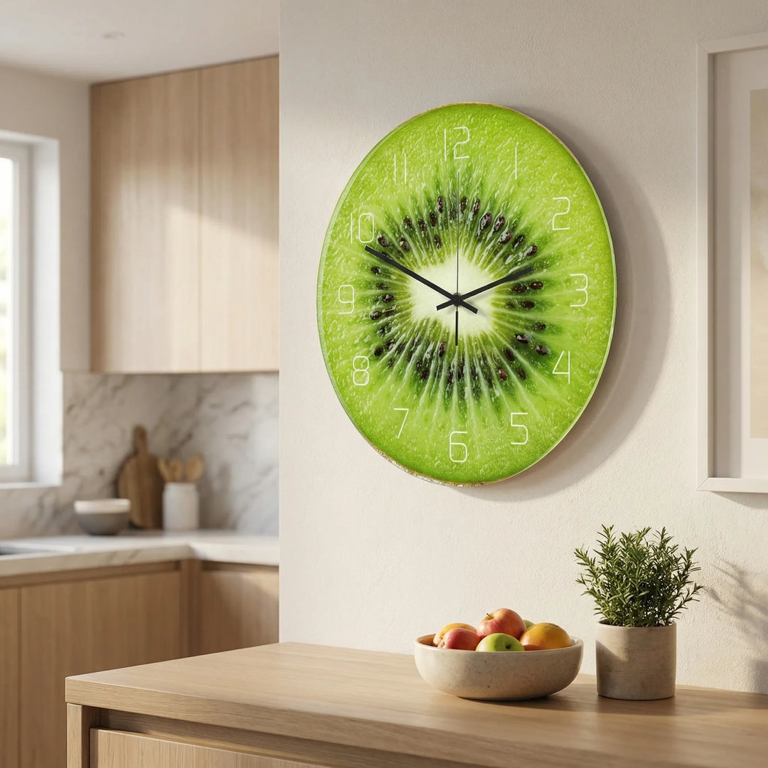 Colorful round fruit print wall clock, a vibrant home decor piece perfect for kitchen or kids' room.