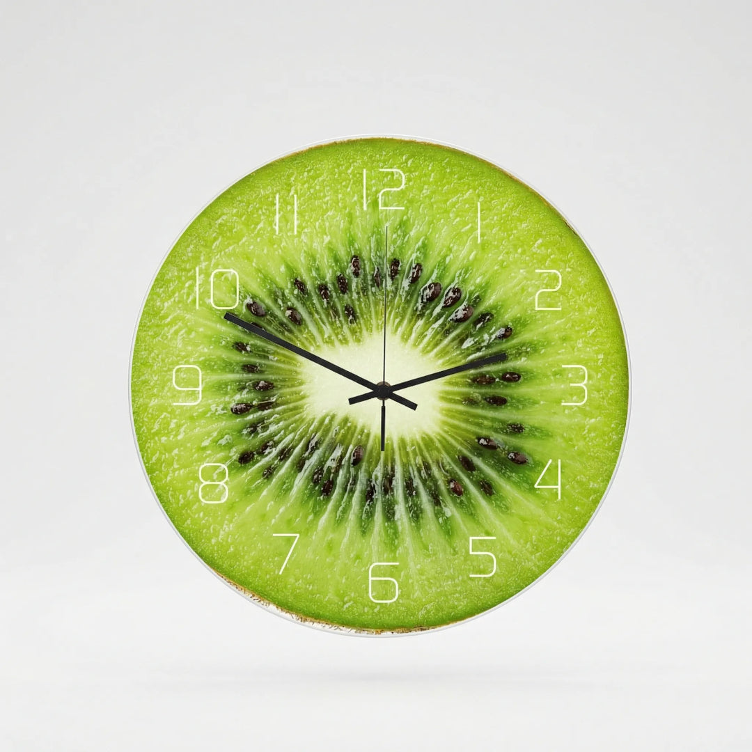 Unisex round kiwi fruit design wall clock with silent mechanism, ideal for a playful kitchen aesthetic.