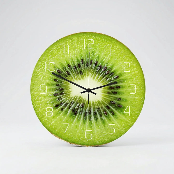 Kids' room round wall clock featuring a fun, colorful fruit design, a silent and engaging decor item.