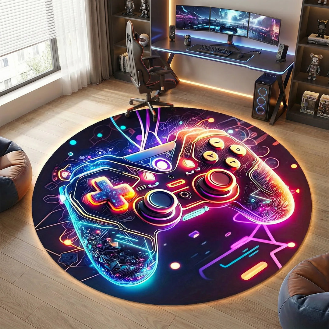 Unisex neon gaming area rug with modern waves, perfect for enhancing any game room or bedroom decor.