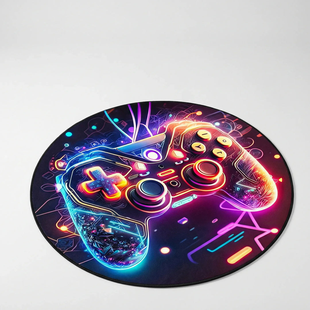 Round neon gaming area rug featuring controller graphic & modern wave design for a vibrant play zone.