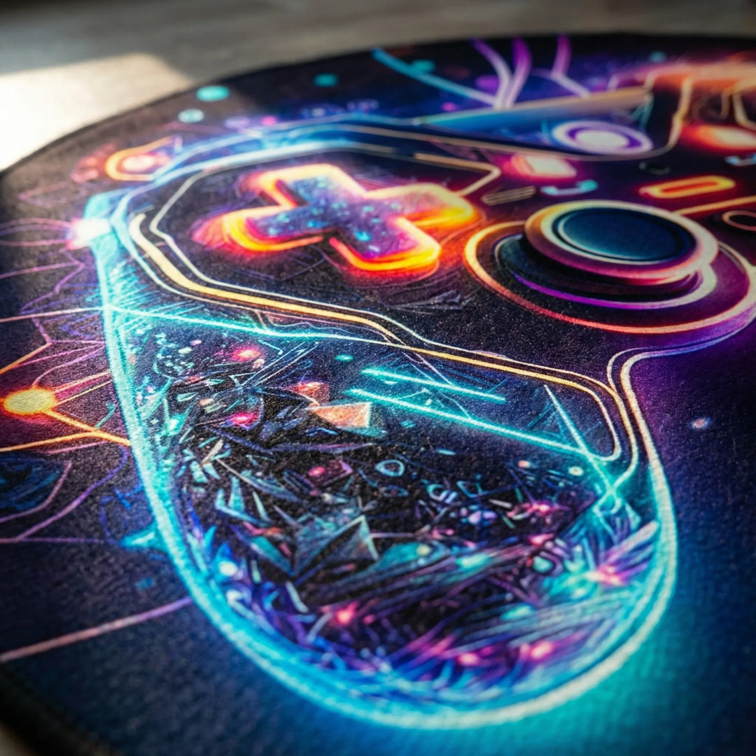 Flowique modern neon gaming rug, low profile and easy care, ideal unisex decor for living room or bedroom.