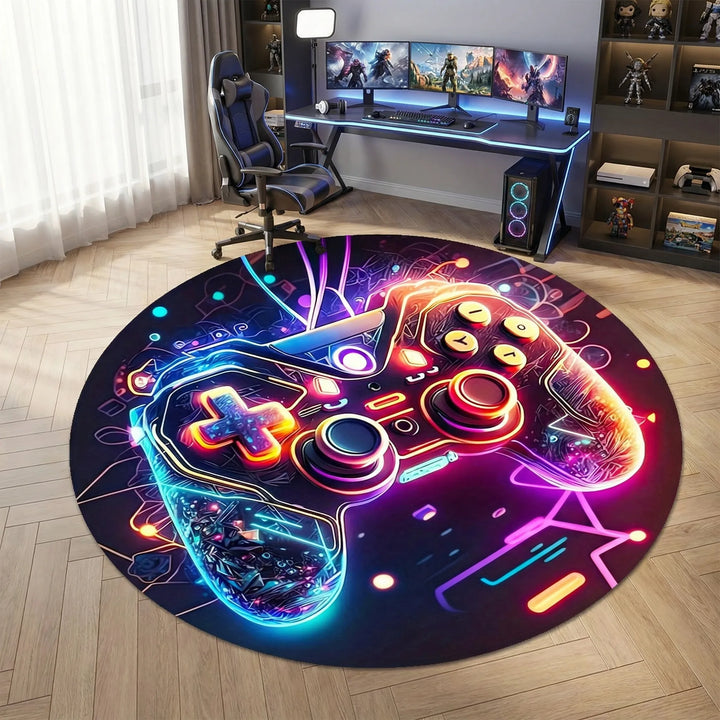 Vibrant neon gaming area rug with dynamic wave pattern, creating an exciting atmosphere in any game room.