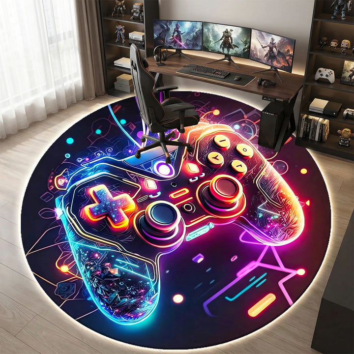 Statement round neon gaming rug with unique wave design, a modern and stylish unisex addition to any area.