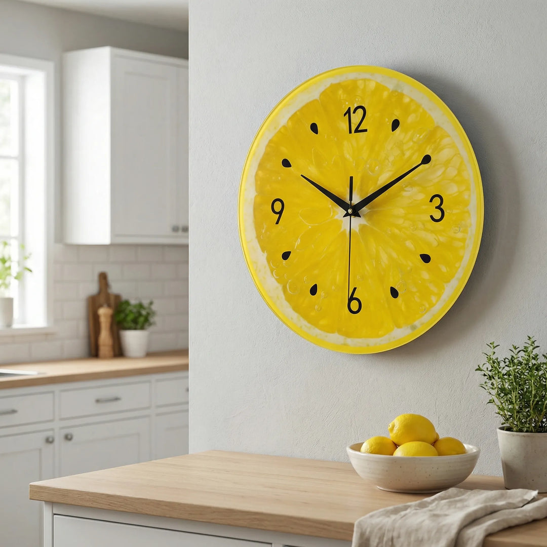 Bright yellow round novelty citrus wall clock, perfect modern kitchen decor. A vibrant home accent.