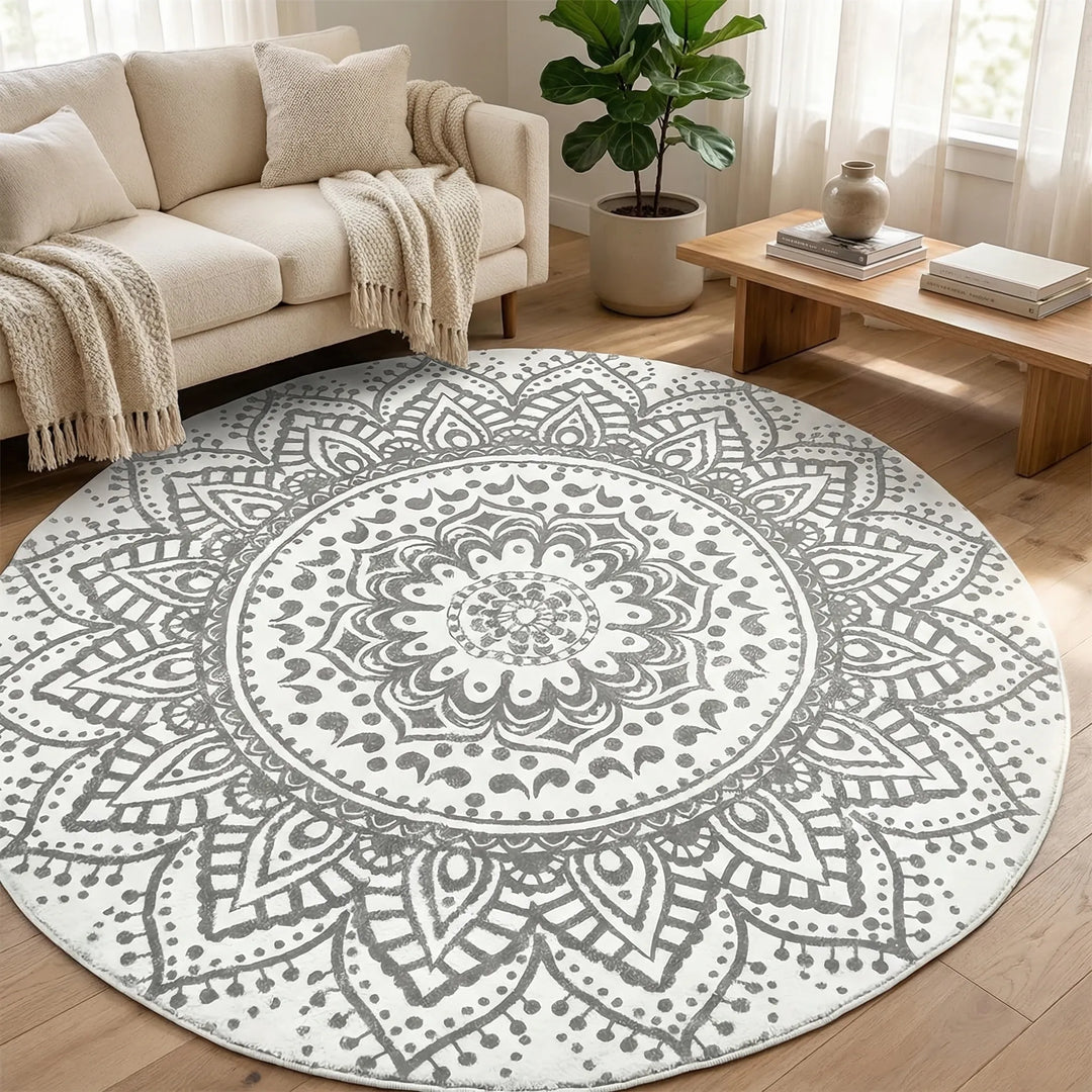 Bohemian round accent rug with wavy Flowique pattern, perfect for living room decor. Soft, decorative, and statement piece.
