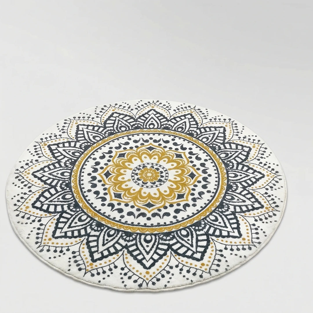 Statement round bohemian mandala rug with elegant wave design. Soft decorative accent rug for modern home decor.