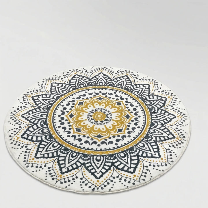 Statement round bohemian mandala rug with elegant wave design. Soft decorative accent rug for modern home decor.