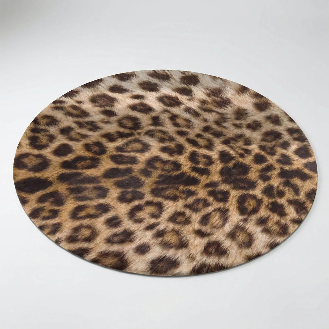 Luxurious round leopard print area rug. Soft, durable accent rug for living rooms, bedrooms & entryways.