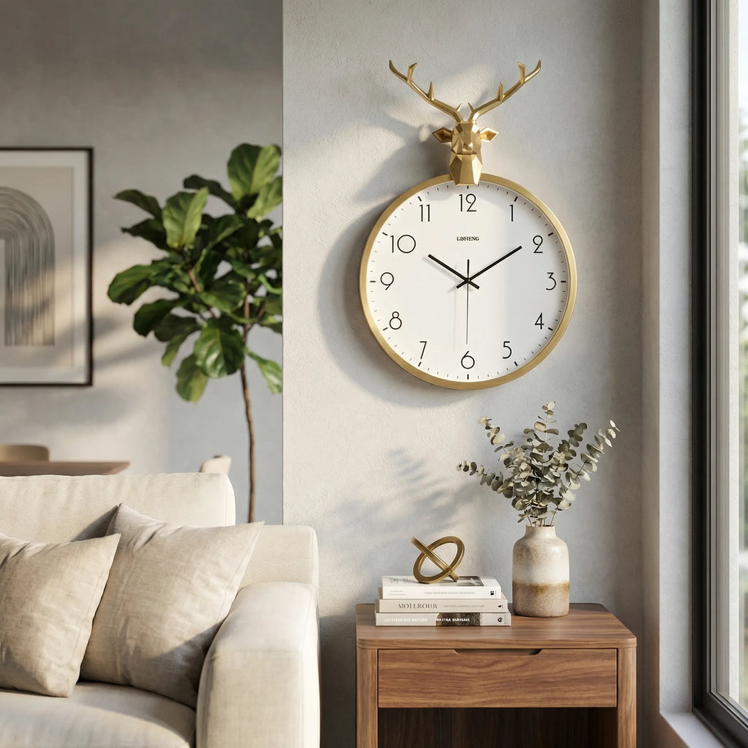Elegant round wall clock with decorative accent for modern home decor. Silent movement, perfect for living room.