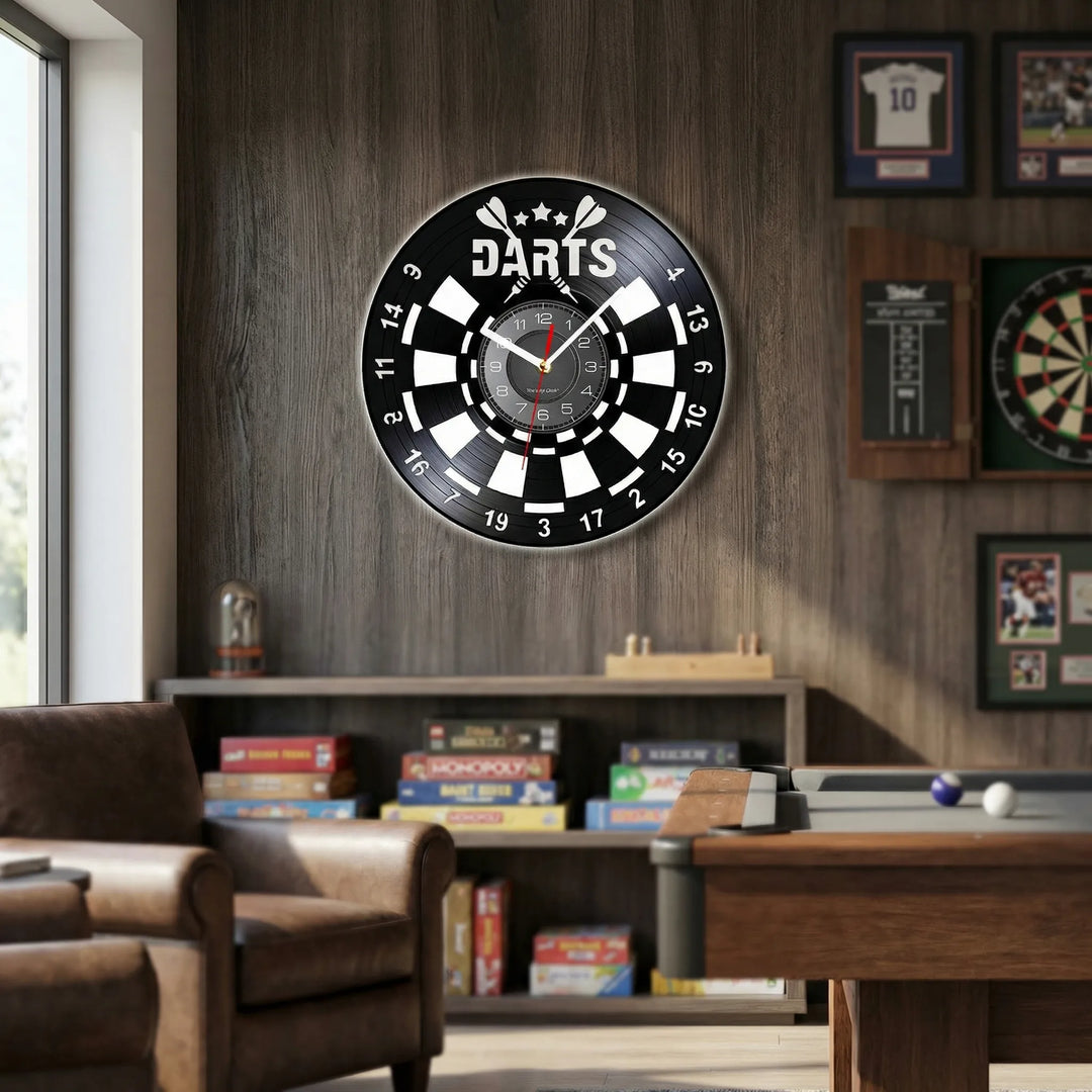 Dartboard style wall clock for game room, a silent and unique round clock, perfect sports decor for home accents.