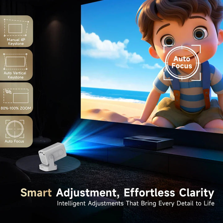 Tavvitaimp18 smart 4K home theater projector with auto focus, dual WiFi, Android OS for ultimate viewing.
