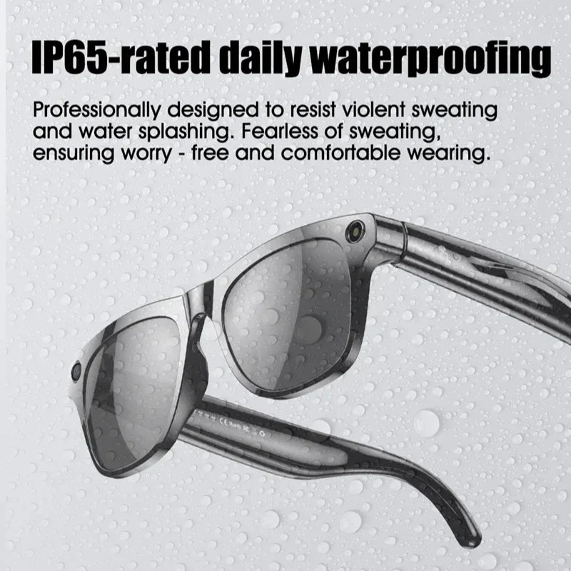 Bluetooth smart camera glasses with stereo sound & photochromic transition lenses. Modern unisex wearable tech.