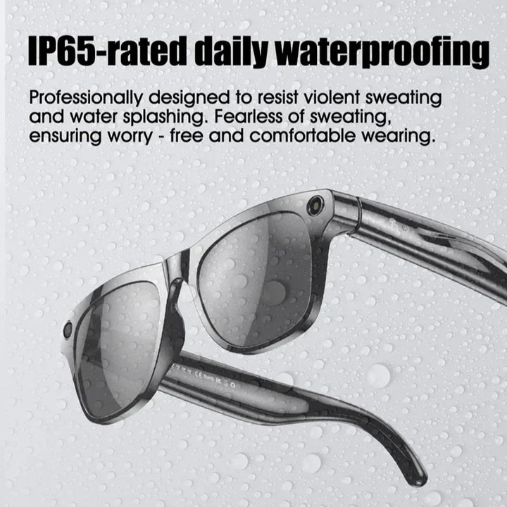 Bluetooth smart camera glasses with stereo sound & photochromic transition lenses. Modern unisex wearable tech.