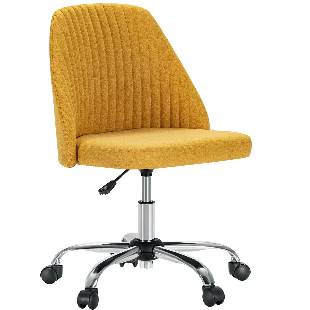 Side view of a compact fabric swivel desk chair, adjustable height, ergonomic, perfect for small home offices.