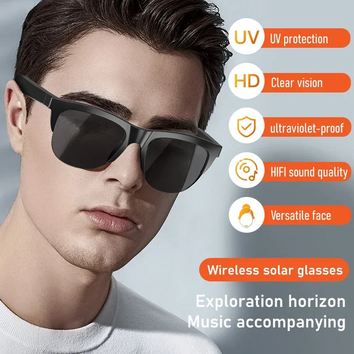 Stylish black unisex smart sunglasses with integrated HIFI sound and essential UV protection for outdoor wear.