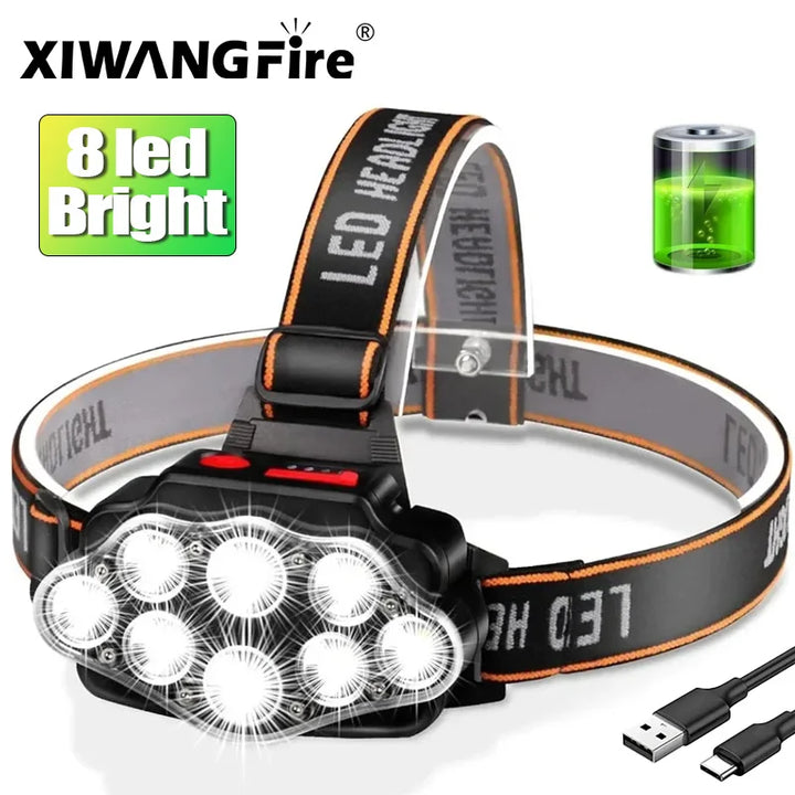 Comfortable LED headlamp, rechargeable, perfect for night hiking, fishing, and camping adventures. Hands-free illumination.