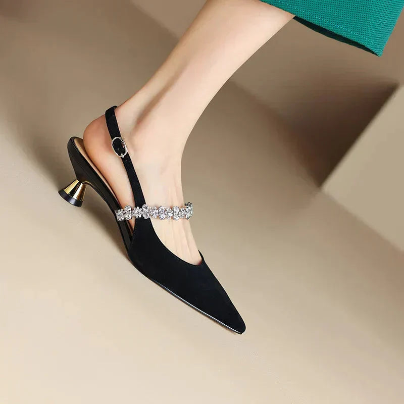 Black formal women's crystal strap pointed toe slingback heels, elegant party pumps.