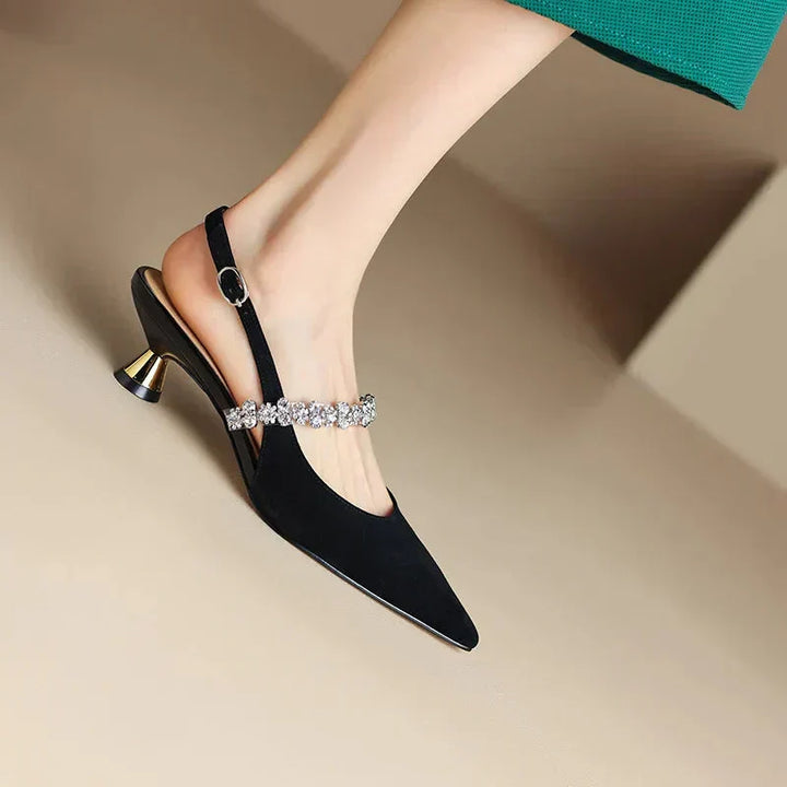 Black formal women's crystal strap pointed toe slingback heels, elegant party pumps.