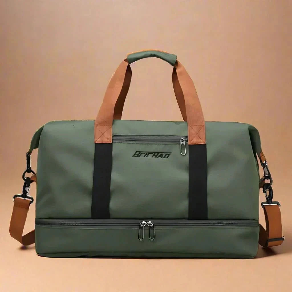 Waterproof nylon unisex gym and travel duffle bag, durable design for sports and weekend trips.