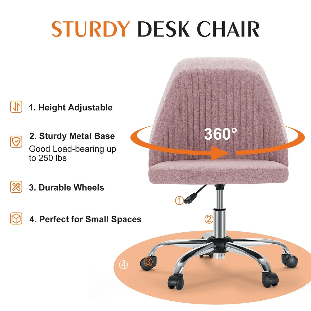 Adjustable height swivel desk chair, compact fabric design, provides ergonomic comfort for home office or vanity.
