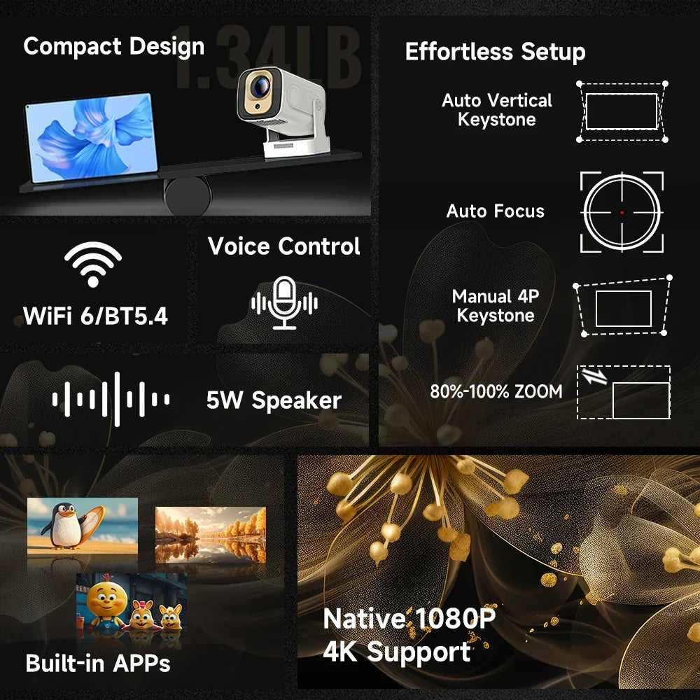 Advanced Tavvitaimp18 4K smart projector featuring auto focus, dual WiFi, & Android for multimedia.
