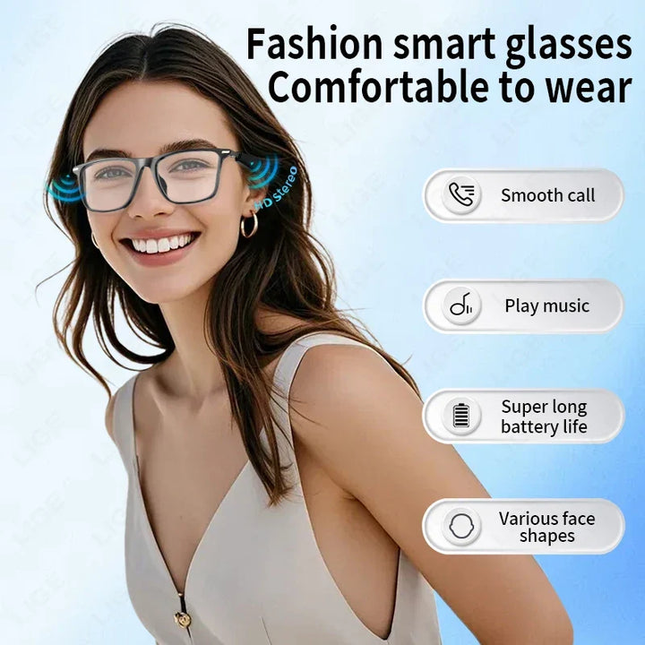 Outdoor unisex smart glasses: Bluetooth for calls & music, UV protection & anti-blue light. Wireless tech eyewear.