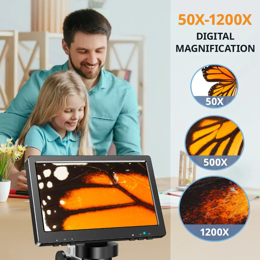Professional grade digital inspection microscope, 7-inch screen, 1200X zoom for detailed industrial inspection.