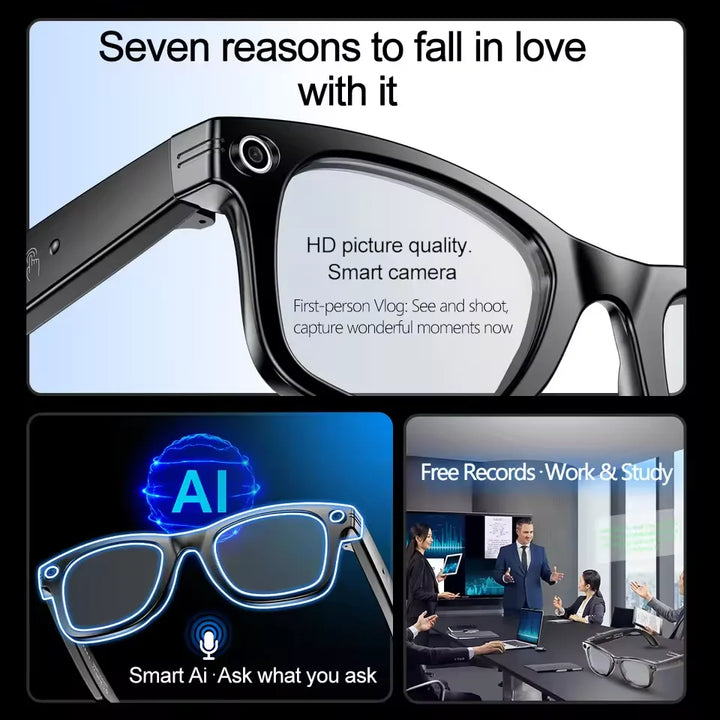 Waterproof smart sunglasses for men featuring adaptive lenses, camera & instant translation, UV protection.