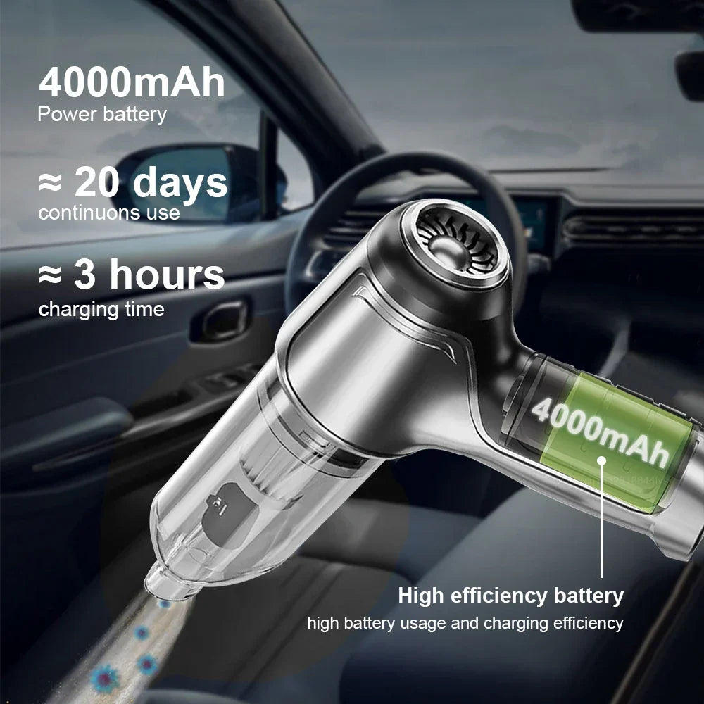 Compact portable handheld vacuum, USB rechargeable, ideal for car, home, and quick cleanups.