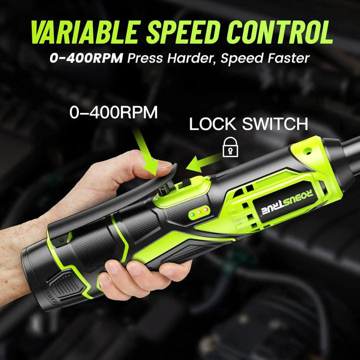 Versatile 3/8in cordless electric wrench, variable speed, extended reach for efficient automotive & DIY work.