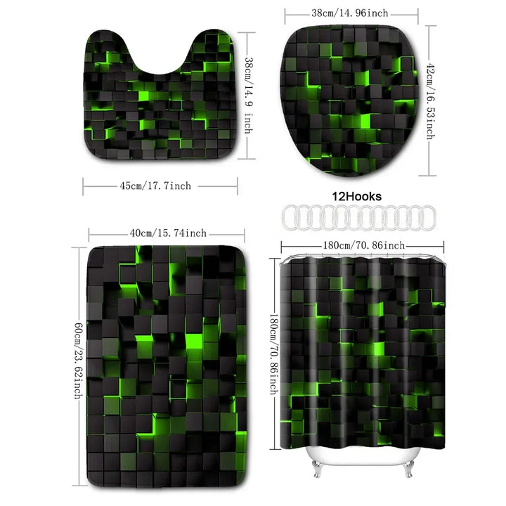 Stylish home bathroom 4-piece shower curtain & mat set. Waterproof polyester bath linen, perfect for modern decor.