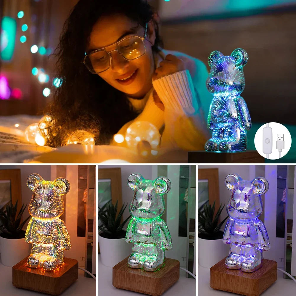 Charming 3D Firework Bear LED night light, a color-changing USB lamp and fun gift for children's bedroom decor.