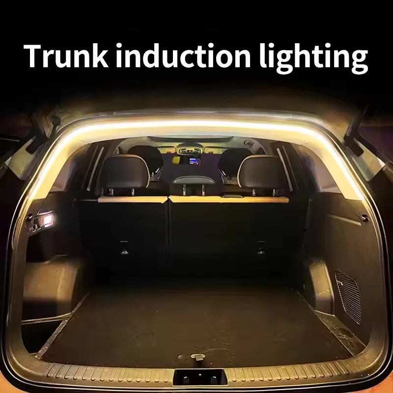 Motion sensor activated LED light strip for car trunk. Enhances vehicle interior with bright, wireless lighting.