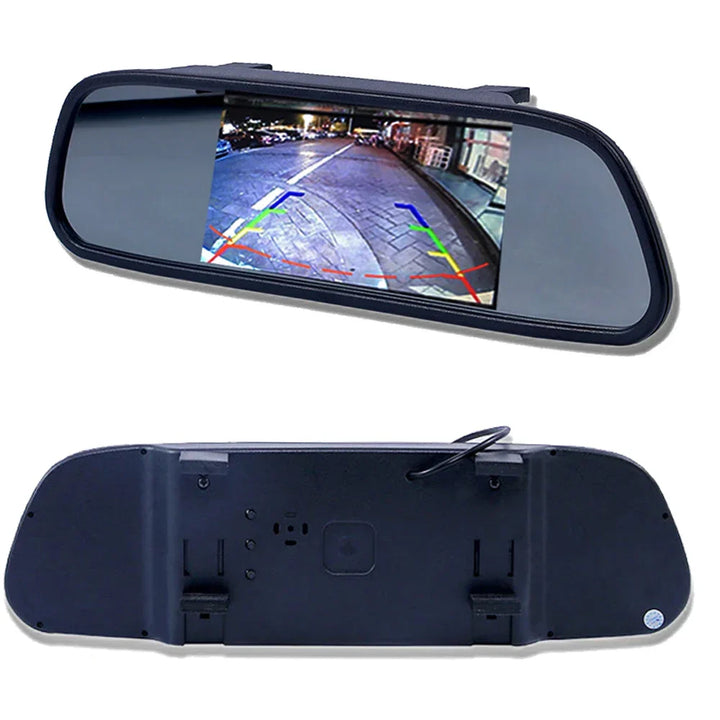Close-up of 5-inch HD car monitor displaying a clear backup camera view for safe parking.