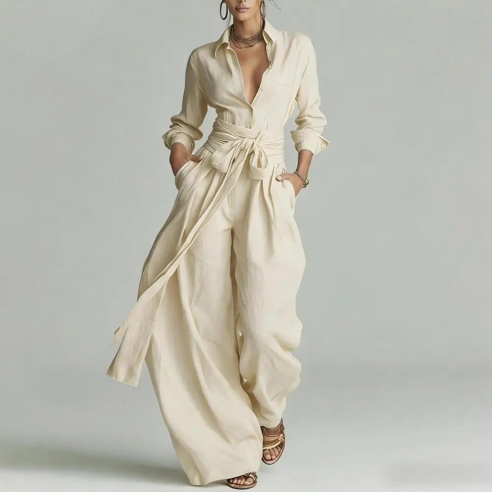 Women's ivory two-piece co-ord set with relaxed button-down shirt & wide-leg pants. Casual chic outfit.