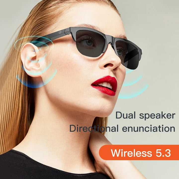 Tavvitaimp18 black unisex smart sunglasses: wireless HIFI audio, Bluetooth, UV400 protection, hands-free calls.