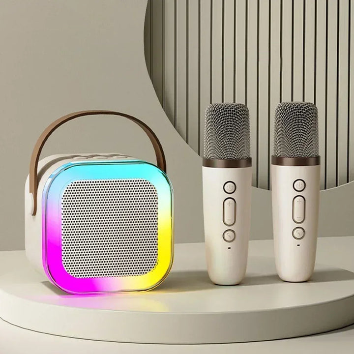 Music player & karaoke system with vibrant LED lights, dual wireless microphones, & portable Bluetooth speaker.