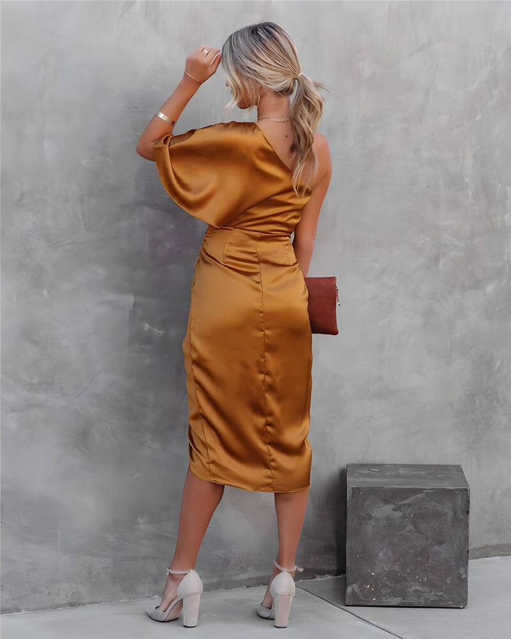 Glamorous women's new off-shoulder asymmetrical midi dress, ideal for sophisticated evening wear.