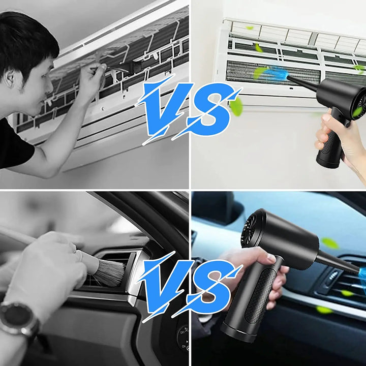 Cleaning electronics with a cordless electric duster. Perfect for PCs, keyboards, and office dust removal.