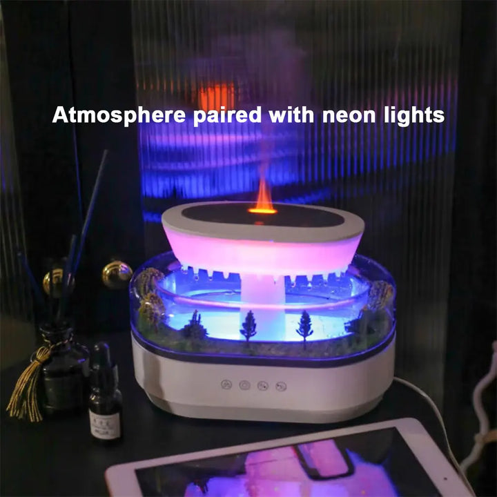 Compact aromatherapy humidifier and essential oil diffuser, featuring a calming rainfall sound effect.