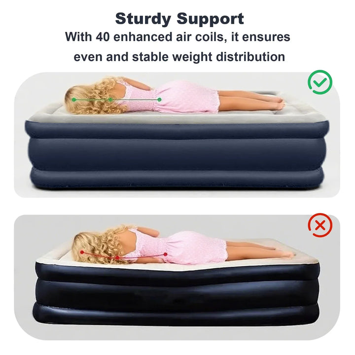 Deluxe blue inflatable sleeping pad for camping & hiking. Integrated pump for quick, effortless inflation.