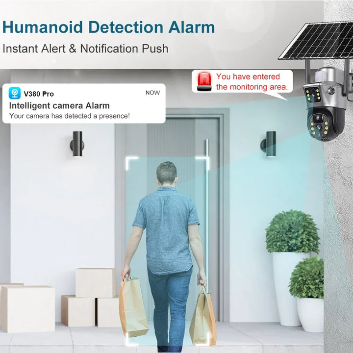 Efficient wireless 8MP solar outdoor camera, dual lens design, offering 4G & WiFi for comprehensive security.