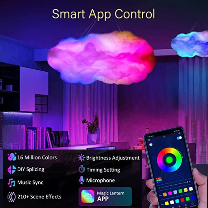 Decorative 3D cloud lamp, an LED thundercloud night light for ambient lighting, controlled via app for room decor.