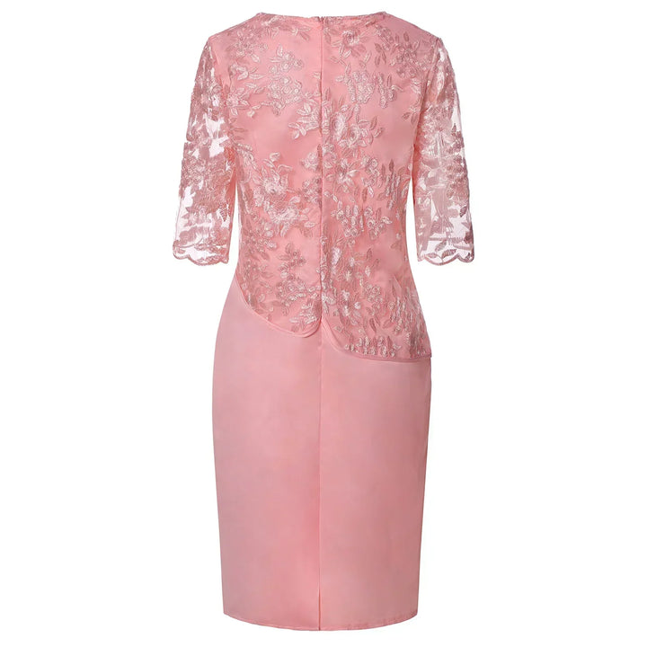 Stylish women's cocktail dress featuring a midi length, short sleeves, and a flattering silhouette.