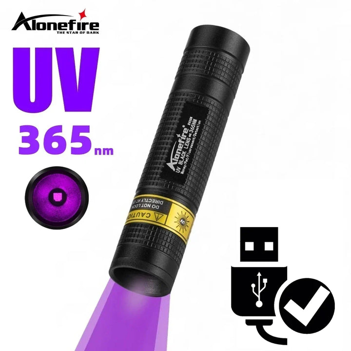 Rechargeable mini UV blacklight flashlight, portable for pet stain, urine & leak detection.