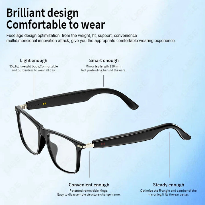 Smart Bluetooth glasses with integrated wireless headphones. Unisex eyewear for hands-free calls, music & UV protection.