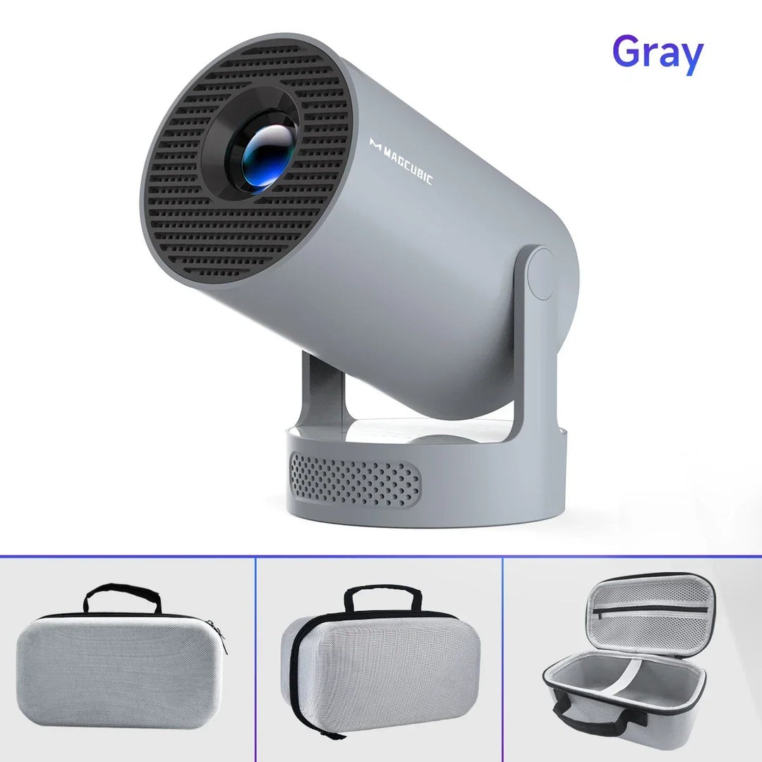 Back view of the portable projector, highlighting various connectivity ports (HDMI, USB, etc.).