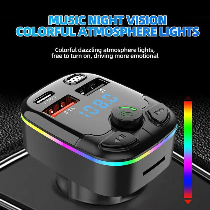 Sleek Tavvitaimp18 smart car charger with FM transmitter, USB-C, QC3.0, enhancing in-car tech & audio.