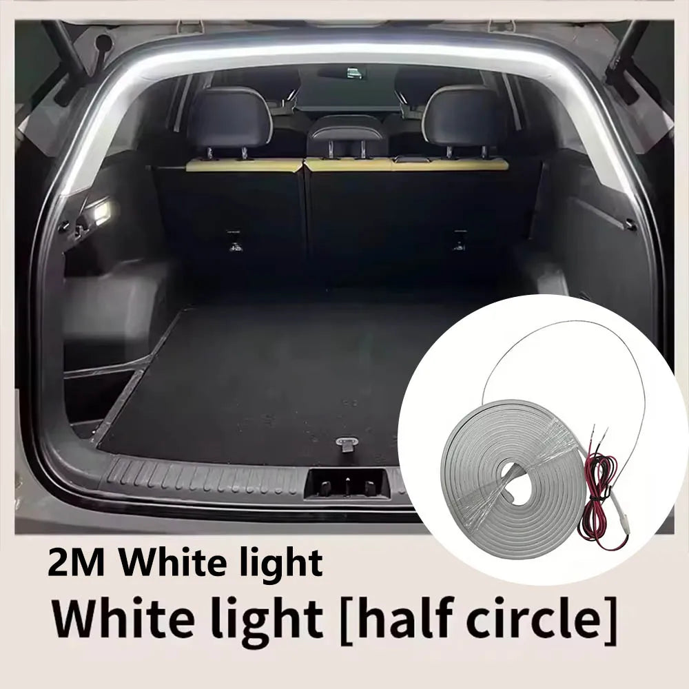 Automotive LED strip light for vehicle trunk. Motion sensor activates bright, wireless interior lighting.
